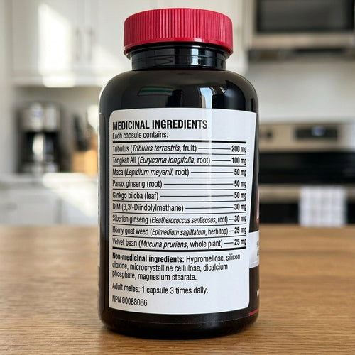 Back label of Aleaf Labs Testosterone Booster showing medicinal ingredients per capsule and NPN 80088086