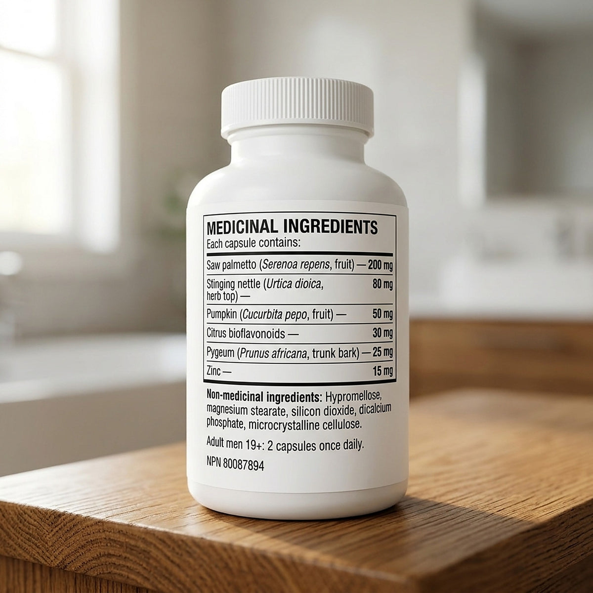 Back label of Complete Prostate Health showing medicinal ingredients per capsule, dose and NPN 80087894