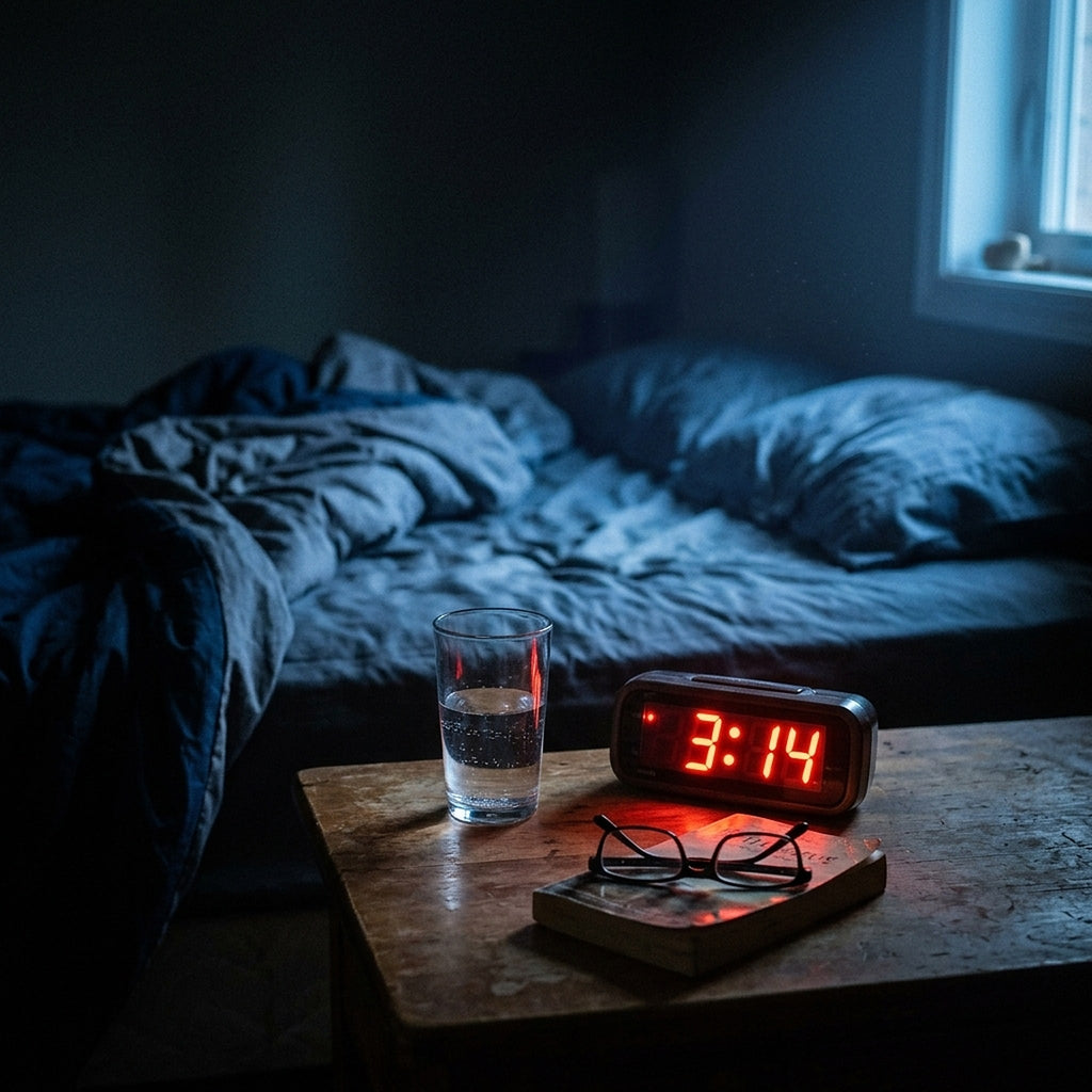A dark bedroom at 3:14 a.m.: a red alarm clock, a glass of water and reading glasses on a book beside an unmade bed