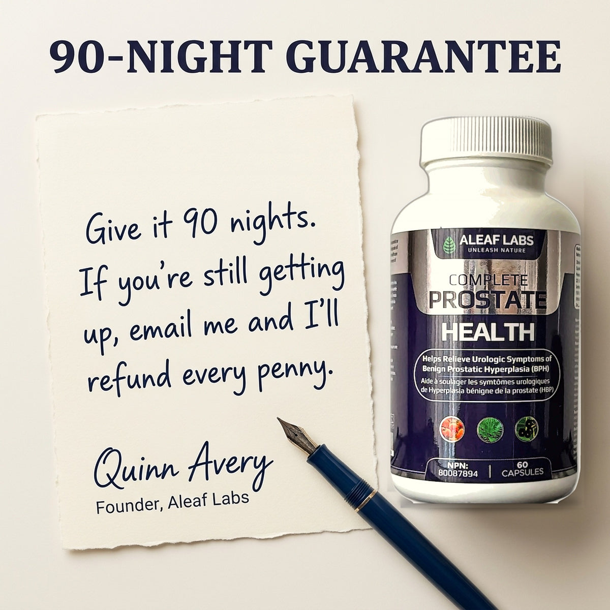 90-night guarantee note signed by Quinn Avery, Founder, beside the Complete Prostate Health bottle