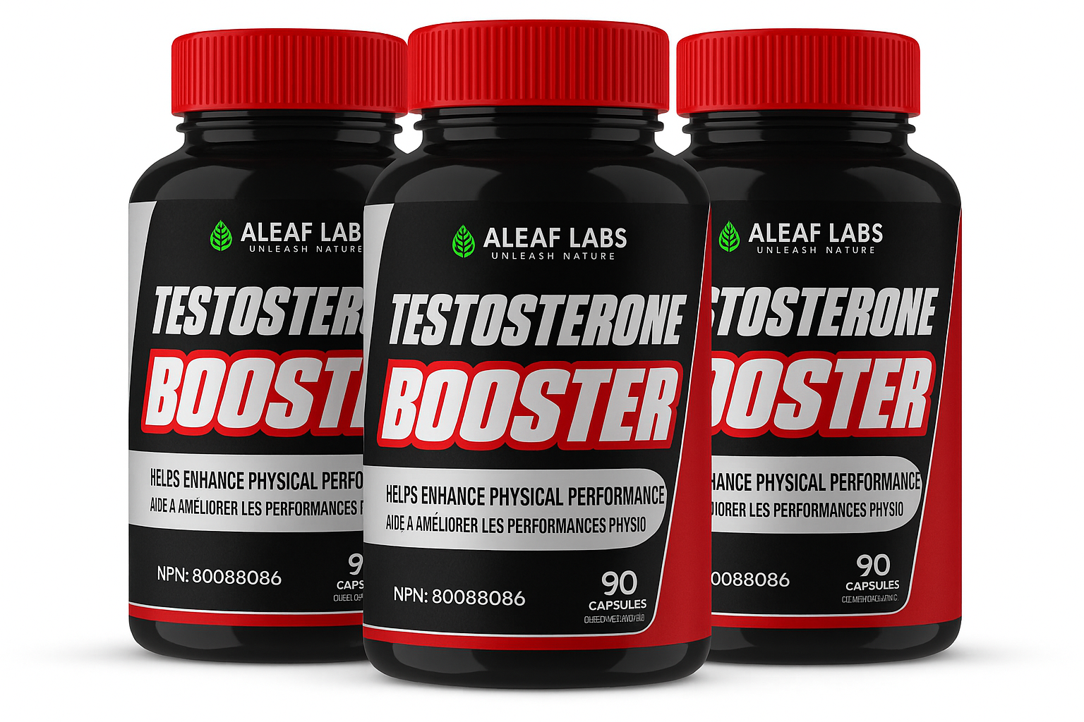Testosterone Booster 90 capsule bottle front view - Aleaf Labs Canada