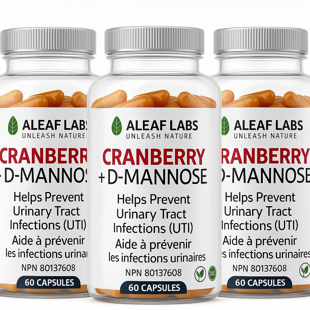 Cranberry D-Mannose 60 capsule bottle front view - licensed urinary supplement Aleaf Labs