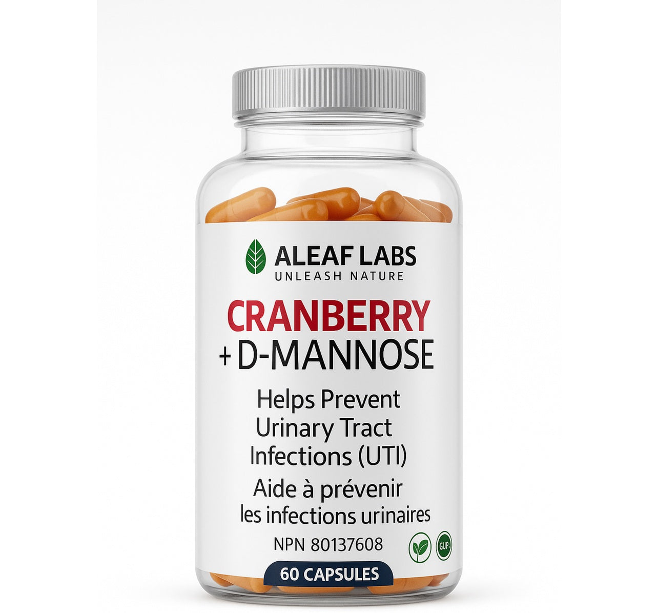 Cranberry D-Mannose supplement bottle 60 capsules - Aleaf Labs urinary tract support Canada