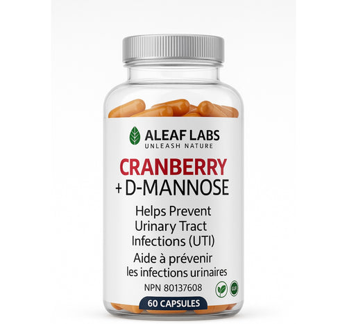 Cranberry D-Mannose supplement bottle 60 capsules - Aleaf Labs urinary tract support Canada