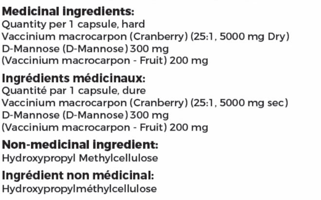 Cranberry D-Mannose ingredients label - Health Canada licensed NHP NPN 80137608