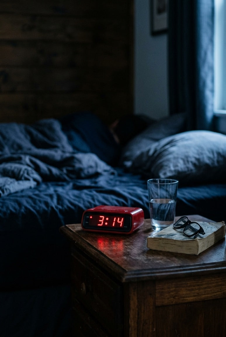 A dark bedroom at 3:14 a.m.: a red alarm clock, a glass of water and reading glasses on a book beside an unmade bed