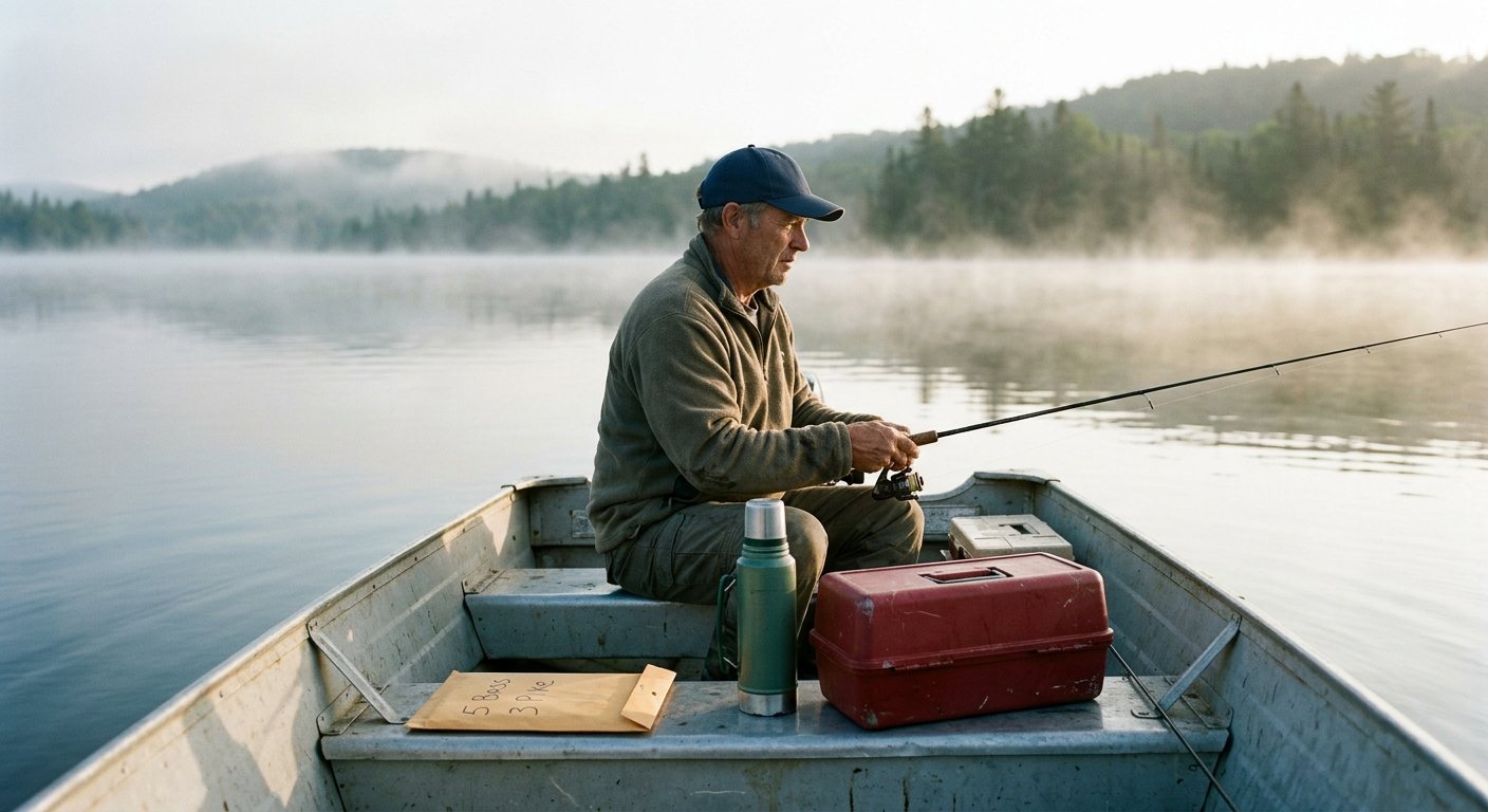 A man fishing alone from a small aluminium boat on a misty lake, an envelope beside him reading 5 bass, 3 pike