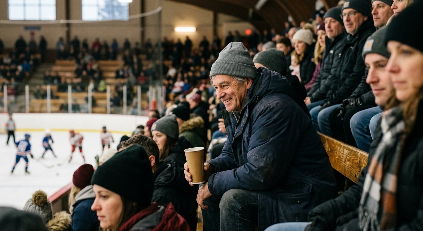 A smiling man in a toque holding a coffee in a crowded row of arena bleachers, watching a kids&rsquo; hockey game