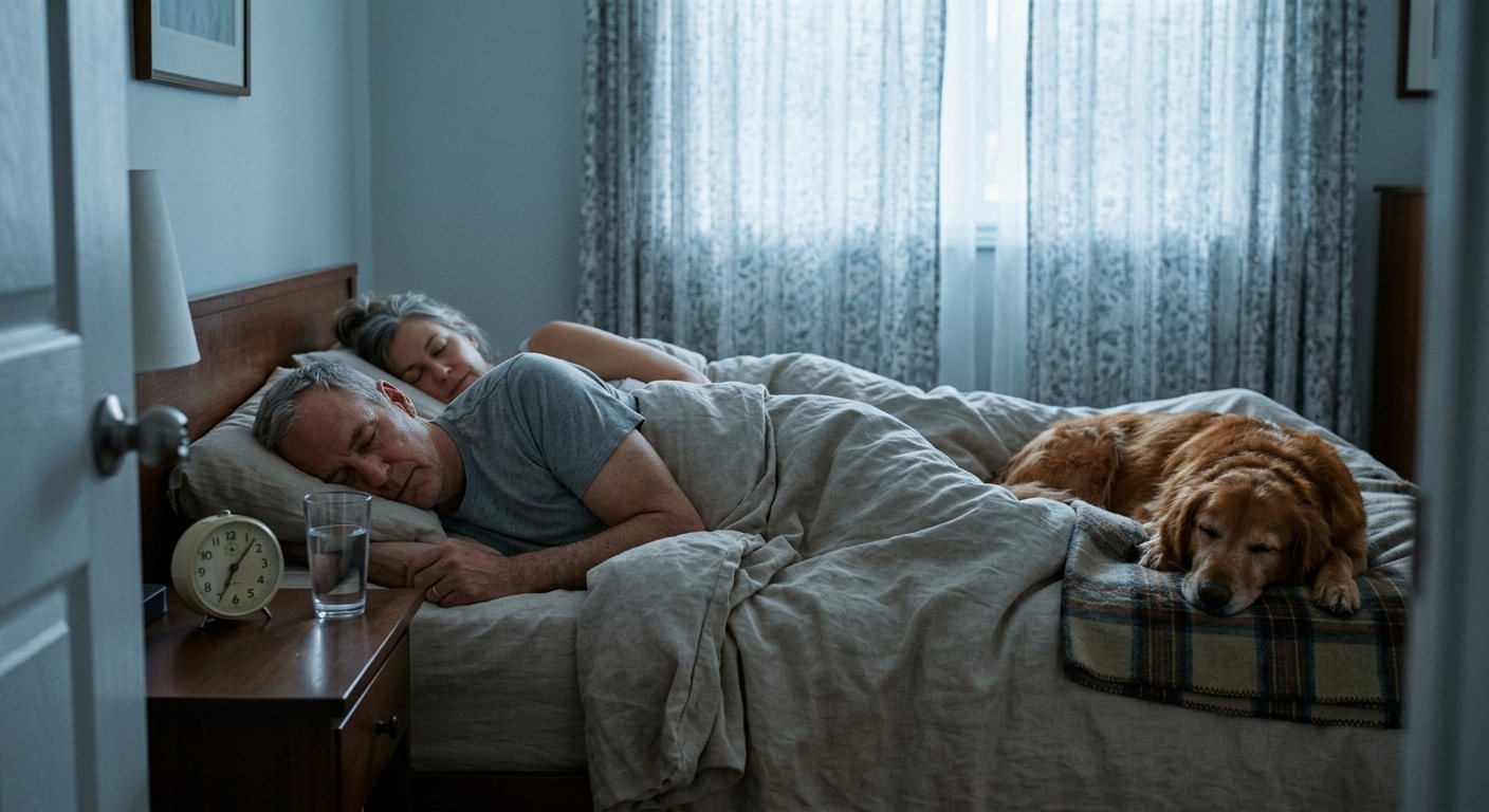 A man in his sixties and his wife asleep at first light, an old golden retriever asleep at the foot of the bed