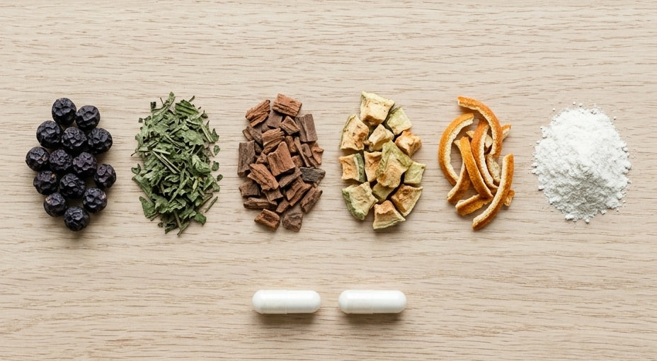 Saw palmetto berries, stinging nettle leaf, pygeum bark, dried pumpkin fruit, citrus peel and zinc powder laid out in...