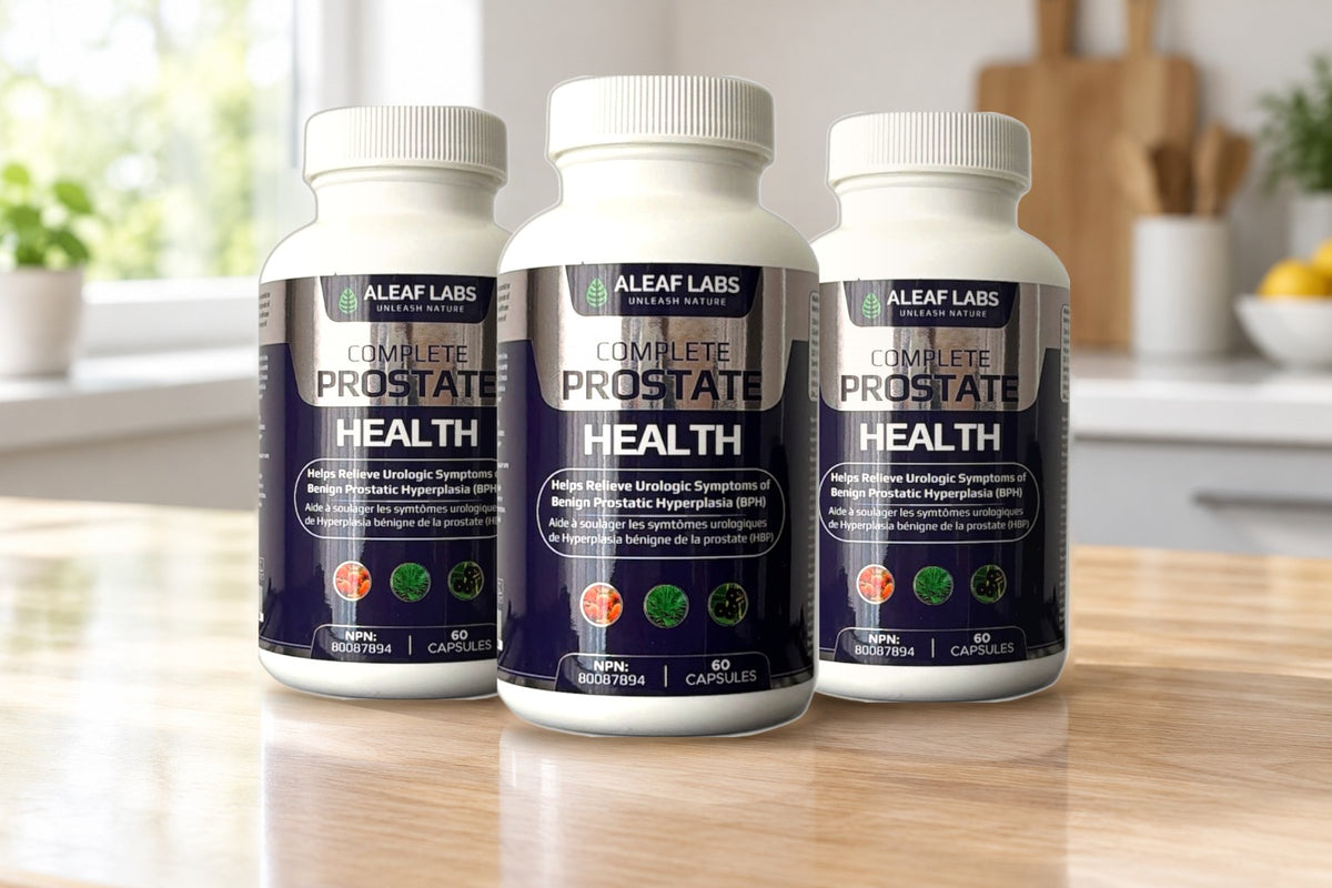 Three bottles of Complete Prostate Health, NPN 80087894, on a kitchen counter