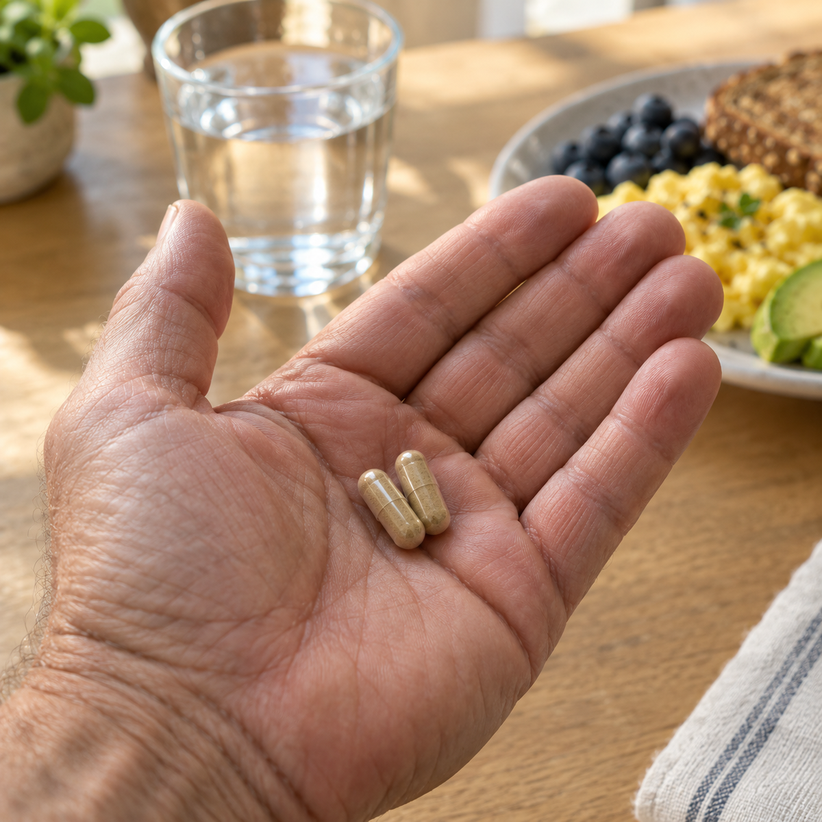 An open palm holding two Complete Prostate Health capsules at the breakfast table