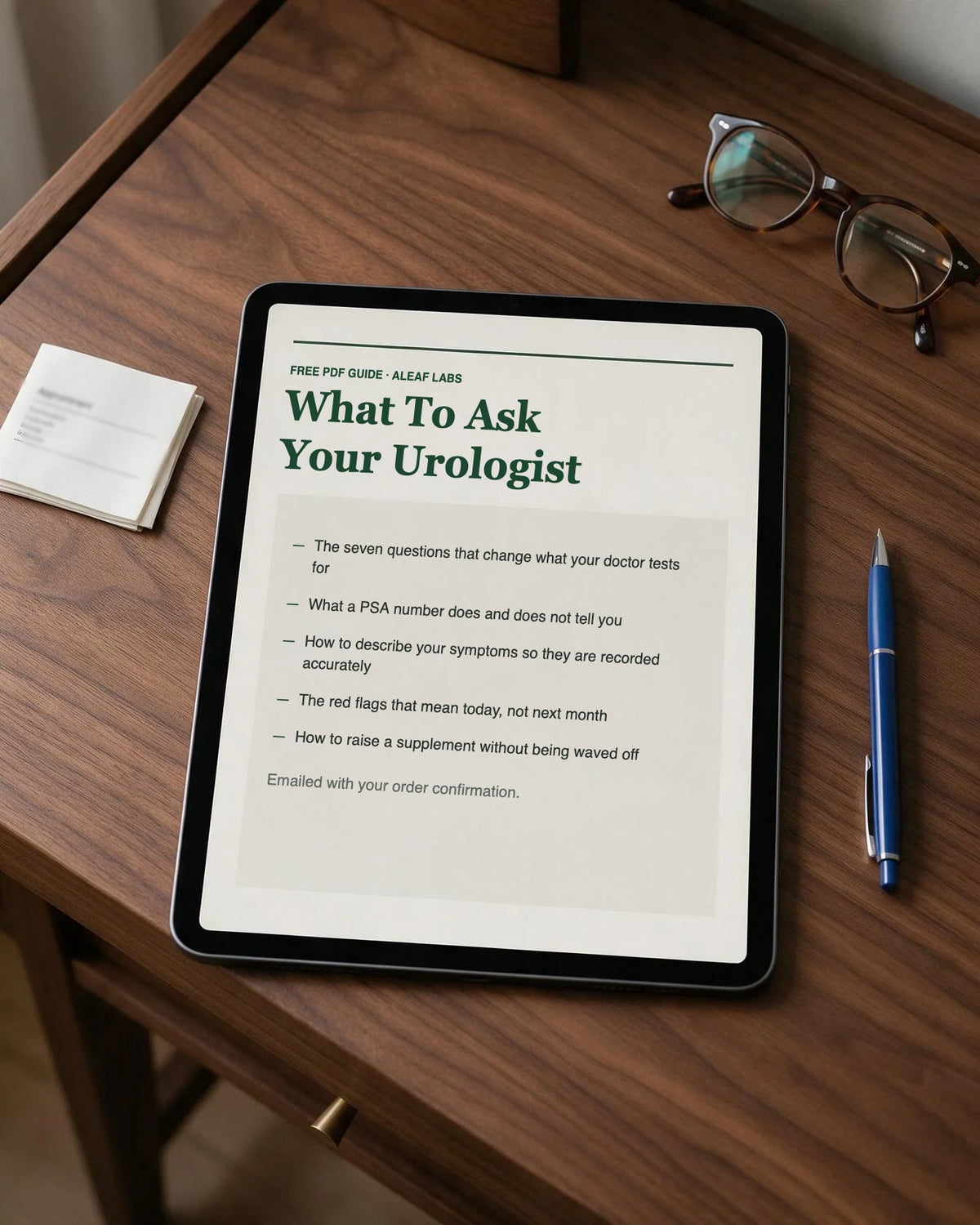 The What To Ask Your Urologist PDF guide open on a tablet, beside reading glasses, a pen and an appointment card