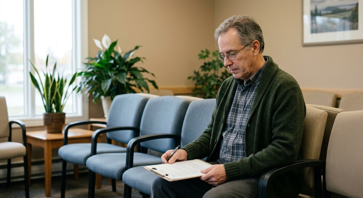 A man in his sixties reading a sheet of questions on a clipboard in a quiet clinic waiting room