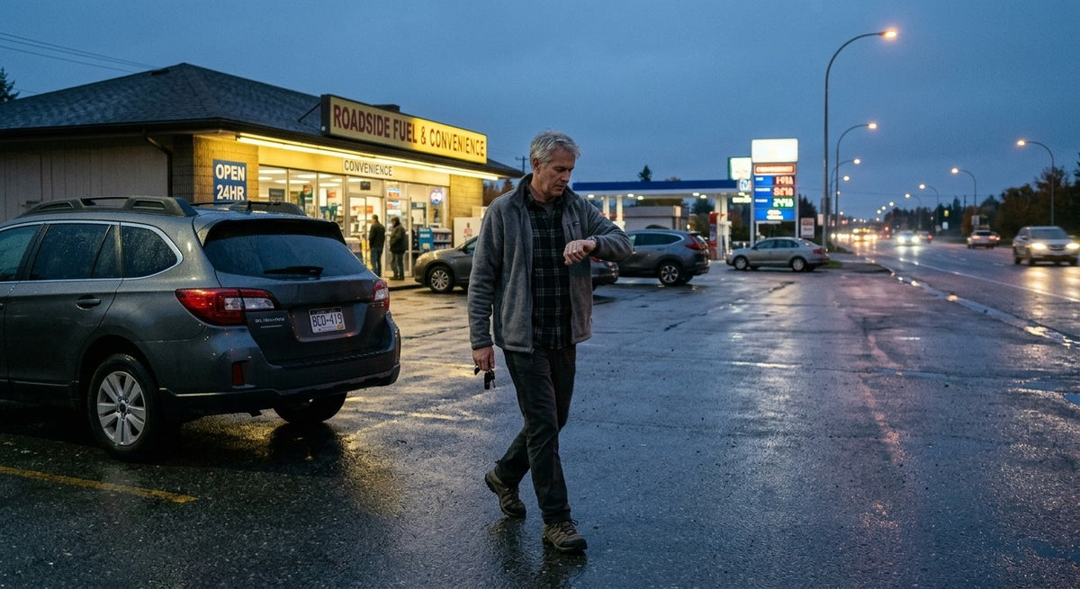 A man in his late fifties checking his watch as he walks from his car to a roadside gas station at dusk