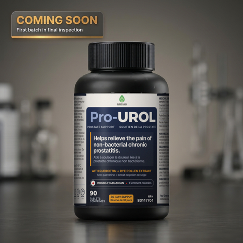 Pro-UROL bottle, 90 tablets, NPN 80147704, with a Coming Soon banner: first batch in final inspection